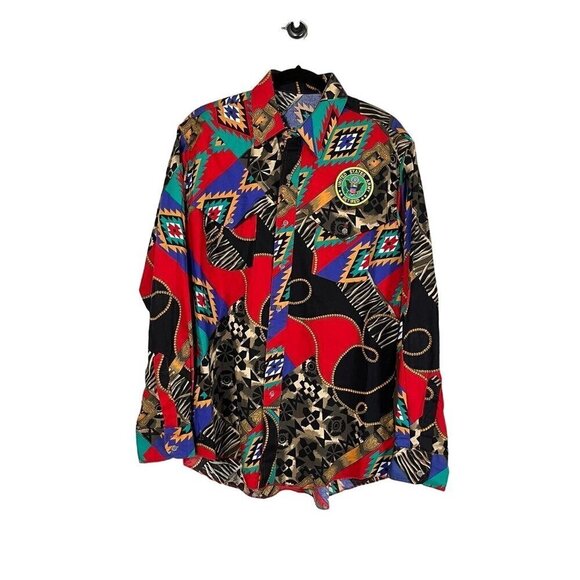 Wrangler Shirt L Red Western Cowboy Military Floral Tropical Resort Mature 80s - Picture 1 of 12